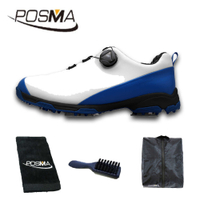 高爾夫球鞋 男士防水鞋子 pgm旋轉鞋扣運動鞋 GSH090 白 藍 配POSMA鞋包 2合1清潔刷 高爾夫毛巾