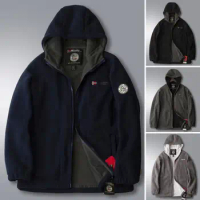 Hooded Jacket Polar Fleece Jacket Stylish Men's Hooded Zipper Jacket Warm Plush Mid-length Coat with Pockets Ideal for Fall
