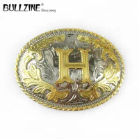 The Bullzine western flower with letter "H" belt buckle with silver and gold finish FP-03702-H for 4cm width snap on belt