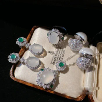 Women Flower Gemstone Necklace 18K Gold Plated White Chalcedony Agate Earrings