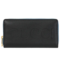 【GUCCI 古馳】經典烙印大LOGO皮革壓紋拉鍊發財零錢長夾(黑)