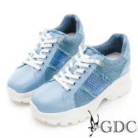 【GDC】真皮水鑽拼接單寧風厚底免綁帶休閒鞋-淺藍色(316172-31)