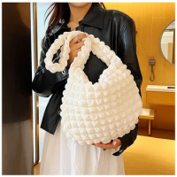 Large Capacity Soft Shoulder Bag Embroidered Plaid Quilted Crossbody Bag Underarm Bags Pleated Tote Bag Pleated Bubbles Handbag