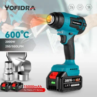 Yofidra 2000W Electric Heat Gun Cordless Handheld Hot Air Gun with 3 Nozzles Industrial Home Hair Dryer For Makita 18V Battery