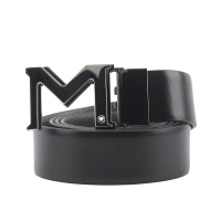 【MONTBLANC】銀色M Logo 平滑及防刮牛皮雙面可用寬3.5cm皮帶(黑色/灰色)