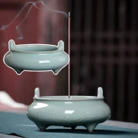 【開運青瓷】雙耳哥窯鐵線陶瓷薰香爐(香薰爐 品香爐 盤香爐 香盤 線香 塔香 沉香爐 香座 拜拜 擺件)
