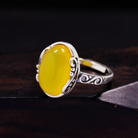 鍍925純銀復古民族風泰銀開口指環黃色瑪瑙活口戒指女款調節