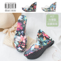 【Alberta】MIT台灣製 楔形鞋 透明鞋面花朵圖樣中底PVC鞋面前3cm跟13.5cm楔型拖鞋