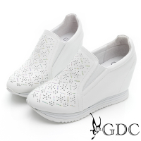 GDC-櫻花綻放百搭真皮水鑽厚底休閒鞋-白色