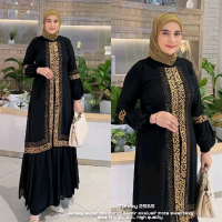 Gamis Abaya Muslimah Hitam Polos Bordir Asli Variasi Emas Gold Terbaru Bahan Jersey kombinasi Ceruty