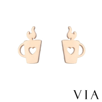 【VIA】白鋼耳釘 縷空耳釘/時尚系列 冒煙熱可可愛心縷空馬克杯造型白鋼耳釘(玫瑰金色)