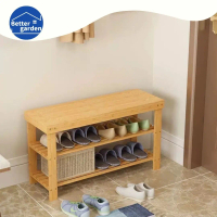 [ส่งฟรี] Home Shoe Rack Bench Storage Organizer 3 Tier  Rustic Bamboo for Entryway Bedroom Bathroom 