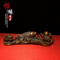 古玩古董木雕雜項 黃楊木手工雕刻年年有余如意 筆架裝飾擺件收藏