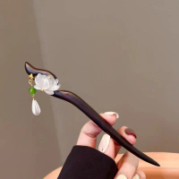 1PC Elegant Lotus Wood Hair Stick Black Tassel Traditional Chinese Hair Accessory for Women Updos