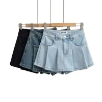Denim Shorts Pleat Skirts Women Cargo Pant High Waist 2024 Summer Clothes Y2K Streetwear Denim Jean Short Jean Pants Skort