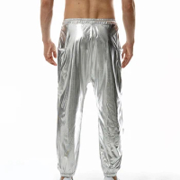 Mens Metallic Shiny Disco Pants Drawstring Waist Party Nightclub Dance Rave Cosplay Tapered Trousers with Pockets