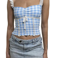 Women Y2k Lace Trim Tank Top Plaid Print Spaghetti Strap Square Neck Crop Tops Fairy Sleeveless Backless Camisoles