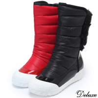 Deluxe 混搭材質時尚個性輕柔保暖極簡內增高太空鞋(黑☆紅)