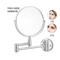 Folding Telescopic Wall-Mounted Beauty Mirror, Double-sided, 8",Punch Free, 5x Amplify, Bathroom Mirror, 7" Makeup Mirror