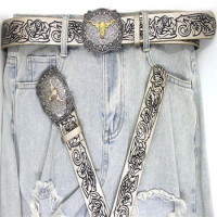Embossed Leather Men Belts Golden Cowboy Longhorn Bull Pattern Floral Engraved Buckle Belt For Men