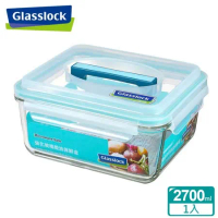 (任選)Glasslock強化玻璃微波保鮮盒 - 長方形附提把2700ml