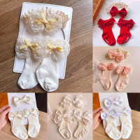 2Pcs/Set Long Baby Socks Headbands Set Lace Flower Bows Flower Newborn Girl Short Socks Hairband for