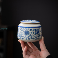 米黃汝窯陶瓷茶葉罐小號遠山纏枝蓮龍井茶葉密封香粉罐定制logo