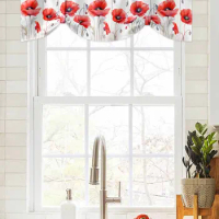 Spring Poppy Flower Plant Window Curtain Living Room Kitchen Cabinet Tie-up Valance Curtain Rod Pocket Valance