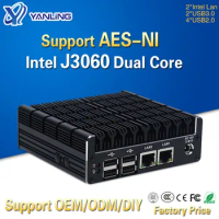 Yanling Latest Intel J3060 Fanless Mini PC Dual Gigabit Lan NUC Case Barebones Computer Linux Support 2 HD AES-NI Pfsense VPN