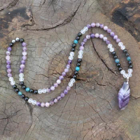 8mm Amethyst And Amethyst Pendant,Apatite,JapaMala Necklace,Namaste Yoga Jewelry, Buddhist Mala Prayer Bead,mala, 108 Mala Beads