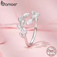Bamoer Genuine 925 Sterling Silver Leaves Adjustable Open Ring For Women S925 Open Plant Ring Fine Jewelry Accessories DIY