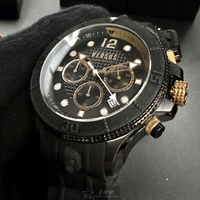 VERSUS VERSACE手錶,編號VV00401,46mm黑圓形精鋼錶殼,黑色三眼, 中三針顯示錶面,深黑色矽膠錶帶款,立體感十足!