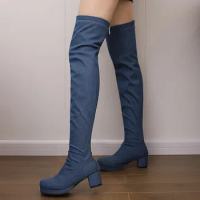 Plus Size 47 48 Women's Blue Denim Jeans Over-the-knee Boots Back Zipper Sexy Slim Platform Shoes 5cm High Heels Thigh Long Boot
