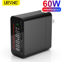 URVNS 60W USB C GaN Wall Charger 3port Type-C PD60W 45W 30W Fast Adapter with Power LCD Display for MacBook iPhone Samsung Phone