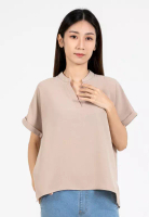 FOREST Forest Ladies Polyester Collar Plain Blouse Women Short Sleeve Blouse - 822417-13Khaki