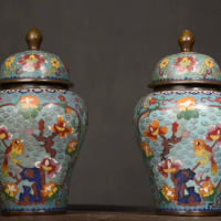 10"Tibetan Temple Collection Old Bronze Cloisonne Enamel Magpie Plum Blossom Texture Jar Longevity pot General tank A pair