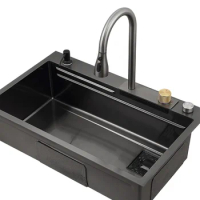 7546R waterfall faucet kitchen sink black handmade single basin SUS304 stainless steel multifunction smart kitchen sink