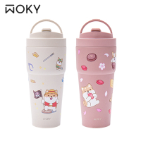 【WOKY 沃廚】柴語錄聯名款-雙層陶瓷渾圓杯750ml (二代防漏-附矽膠吸管) 送海綿刷