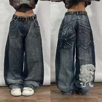 Retro Y2k Hip Hop Fashion Punk Street Loose Gothic Big Pocket Jeans Women's High Waist Casual Straight Leg Baggy Denim Pants
