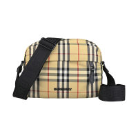 BURBERRY 巴寶莉  Paddy立體黑字LOGO設計拼接格紋尼龍拉鍊斜背包(男款/典藏米)