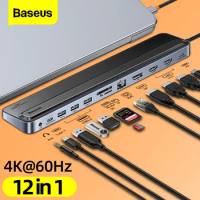 Baseus 12 in 1 USB Type C Hub to 4K 60Hz HDMI-Compatible DP RJ45 SD TF Card USB 3.0 Hub Adapter for MacBook Pro Air Dock Station