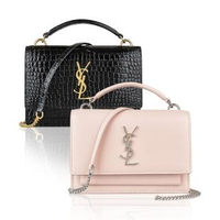 【YSL】YSL SAINT LAURENT SUNSET銀/金字LOGO小牛皮釦式手提斜背包(兩色)