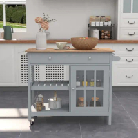 ChooChoo Rolling Kitchen Island, Portable Kitchen Cart Wood Top Kitchen Trolley with Drawers and Glass Door Cabinet