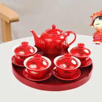 Chinese Wedding Supplies Red Ceramic Tea Set Tea infuser Pot Kettle Teapots Gaiwan Ceremony with Serving Tea Tray Souvenir Gift