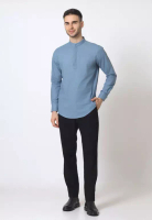 Cotton Well Cotton Well Oman Henley Shirt Blue │Kemeja Koko Basic Lengan Panjang Biru
