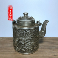 古玩銅器收藏 居家裝飾道具銅鍍銀酒水壺 手提壺單龍茶壺仿古銅壺