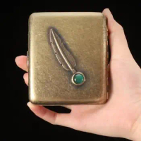 Handmade Metal Carved feather Cigarette Cases Holder Box Holds 20 Cigarettes