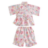 【Baby 童衣】任選 兒童日式和服短袖套裝 女童外出拍照遊玩套裝 和服套裝2件套 24003(粉色花朵)
