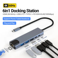 6 IN 1 Hub USB C to 4K HDTV 100Mbps Ethernet PD100W Charging USB 3.0 2.0 Ports for MacBook Pro MacBook Air iPad Pro 12.9