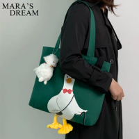 Mara's Dream Women Shoulder Shopper Bag Cute Duck Cartoon Print Casual Kawaii Canvas Tote Shopping Bag Cotton Cloth Eco Handbags